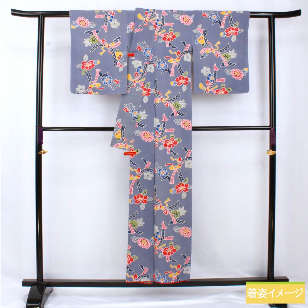 小紋 正絹 身丈152.5cm 裄丈62cm 袷 江戸納戸色(えどなんどいろ) 型染 紅型調 熨斗 椿 Bランク 青系 1115005604217