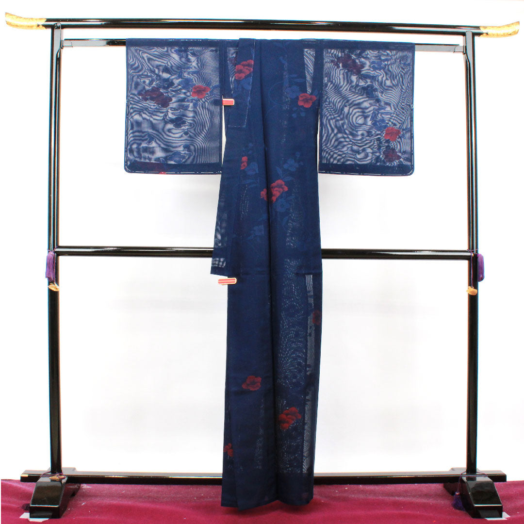 夏物 正絹 小紋 身丈161cm 裄丈64.5cm 濃紺色(のうこんいろ)椿 紗 Sランク 紺系 1132001182418