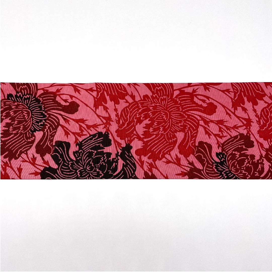 名古屋帯 中紅花色 草花模様 染帯 帯丈358cm 正絹 Aランク 六通 カジュアル 赤系 1124003493312 名古屋仕立て