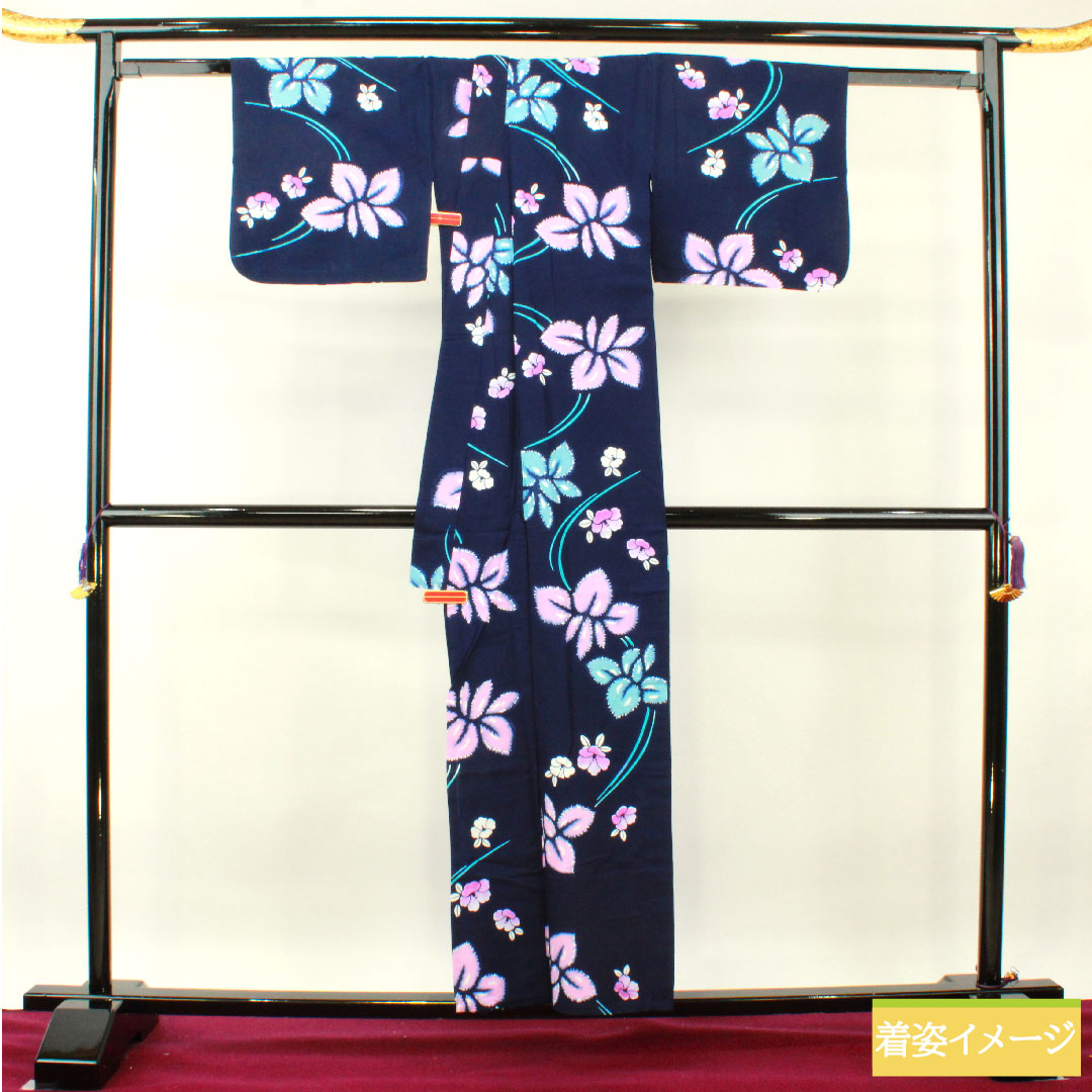 浴衣 木綿 身丈156cm 裄丈64.5cm Sランク 単衣 紺系 濃紺色(のうこんいろ) 菖蒲 椿 1118005182318