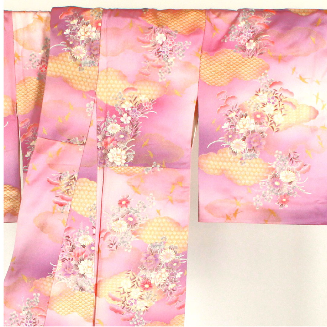 小紋 身丈158cm 裄丈65cm 袷 洗える着物 雲取り 草花模様 ポリ Aランク 紫系 1115001623320