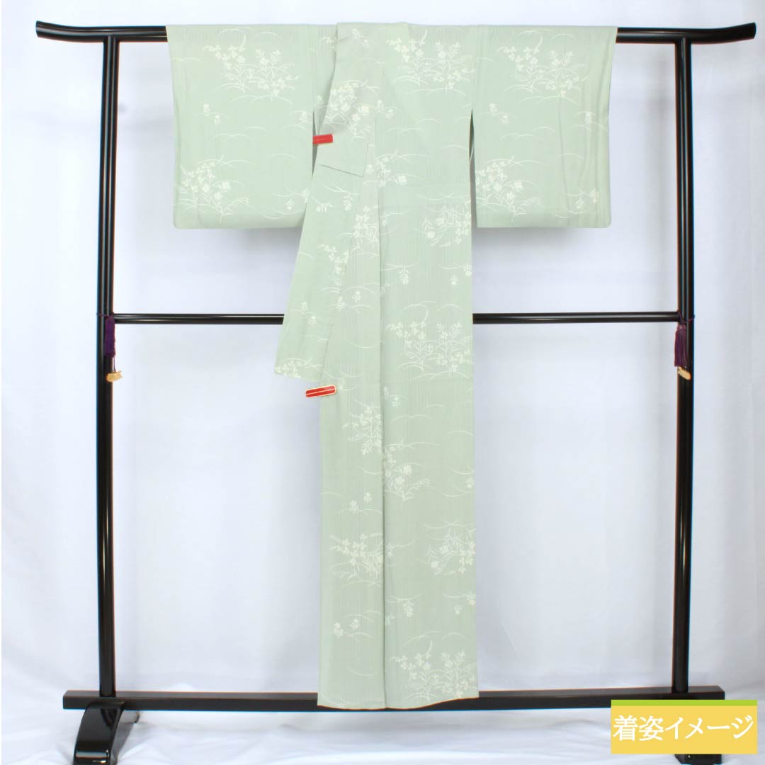 夏物 正絹 小紋 身丈153cm 裄丈62cm 白緑色(びゃくろくいろ) 京友禅 秋草 三松シルクケア 絽 Aランク 緑系 1132002093219