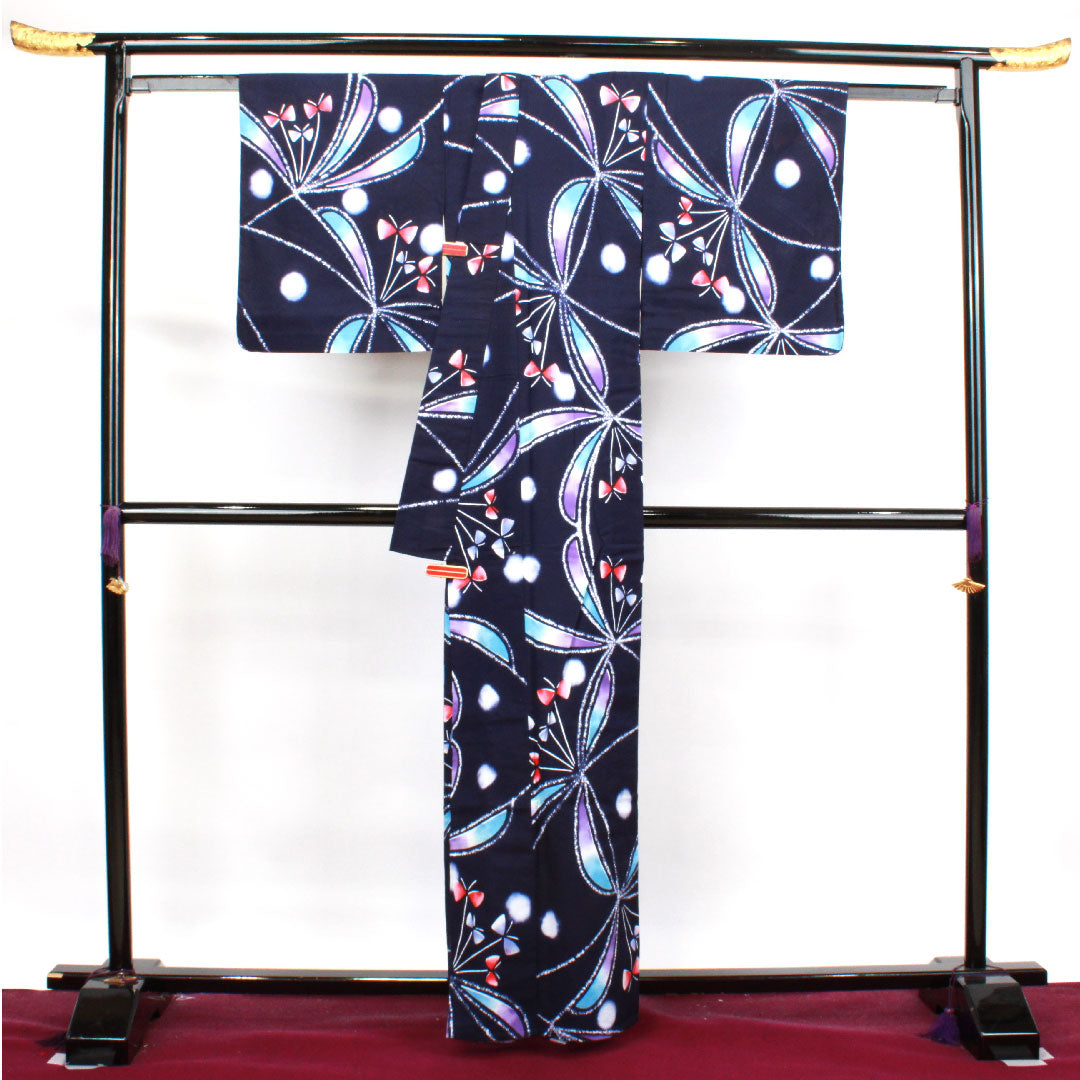 浴衣 濃紺色 抽象模様 木綿 Sランク 単衣 身丈162cm 裄丈66cm 紺系 1118003882418