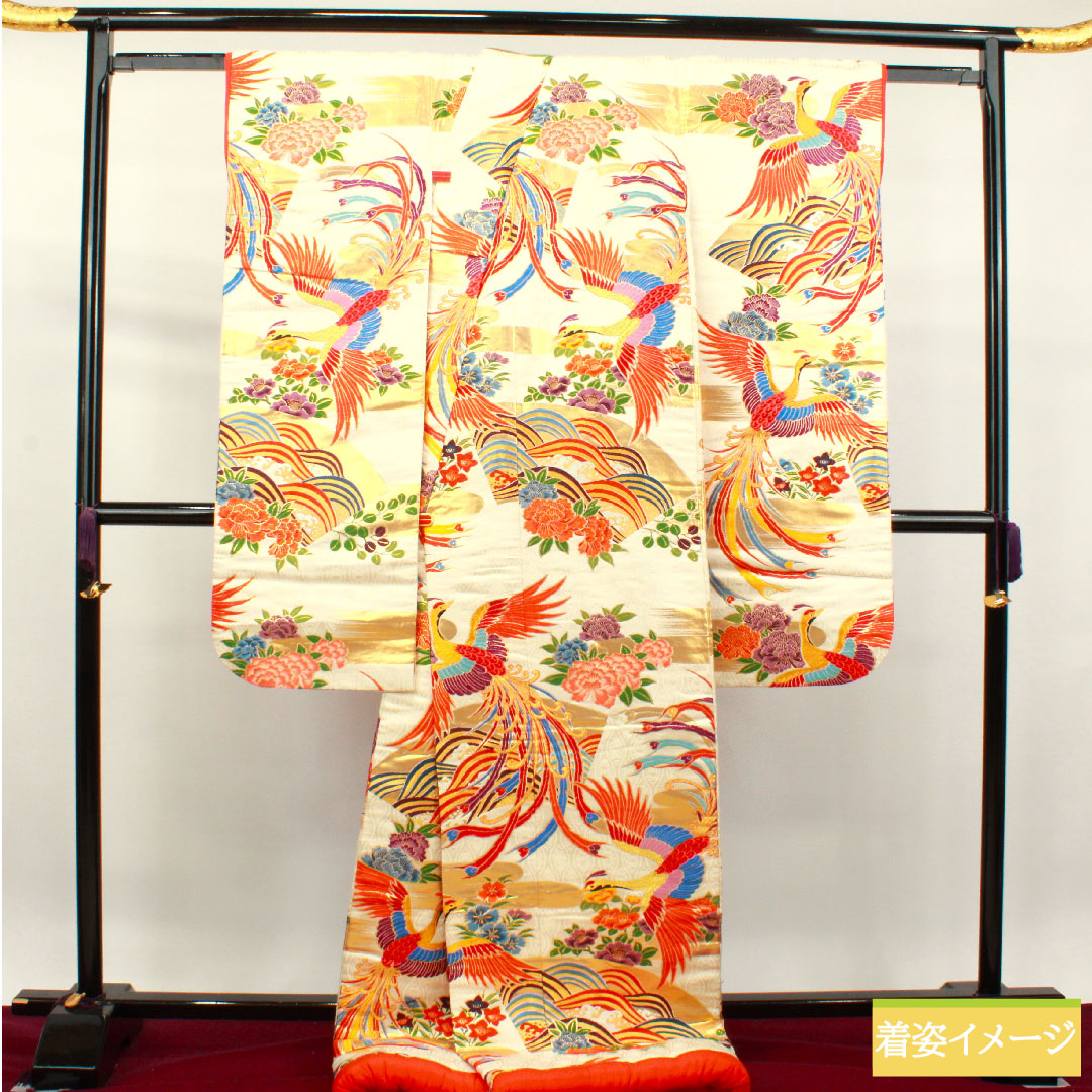 色打掛 正絹 身丈180cm 裄丈65cm 唐織 鳳凰 吉祥文様 Sランク 袷 白系 1110000632911
