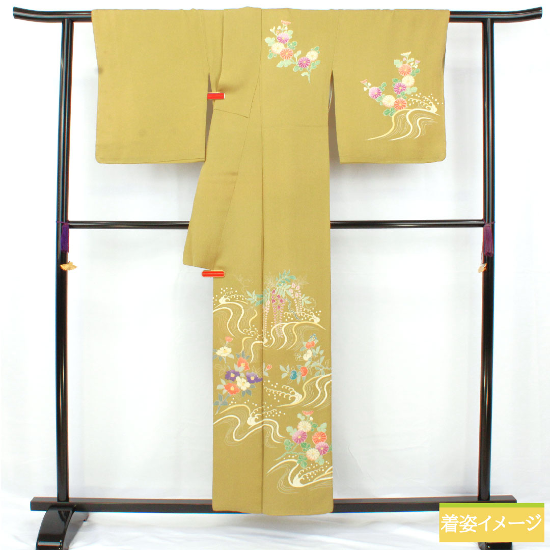 Homongi, pure silk, lined, length 155.5cm, sleeve length 67.5cm, Karakaneiro, Kyoto Yuzen, crepe, floral pattern, A rank, green, 1112005953319
