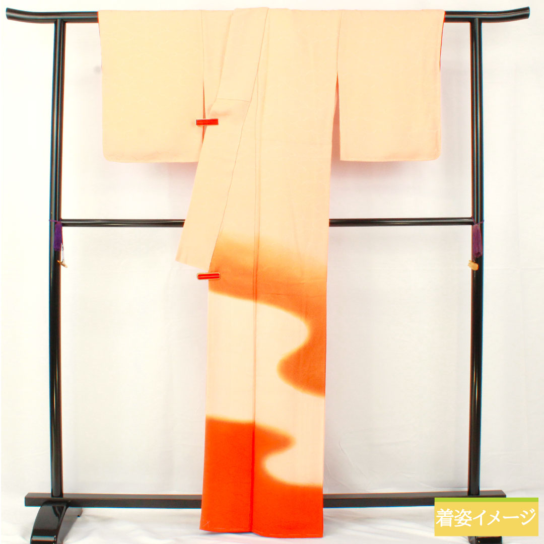 Plain color, pure silk, length 164cm, sleeve length 64.5cm, vermilion color, blurred pattern, lined, S rank, orange, 1114001562426