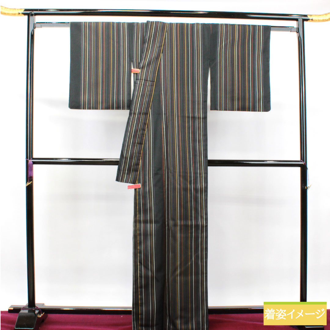 小紋 ポリエステル 身丈164.5cm 裄丈65cm 袷 洗える着物 縞模様 Sランク 黒系 1115003952410