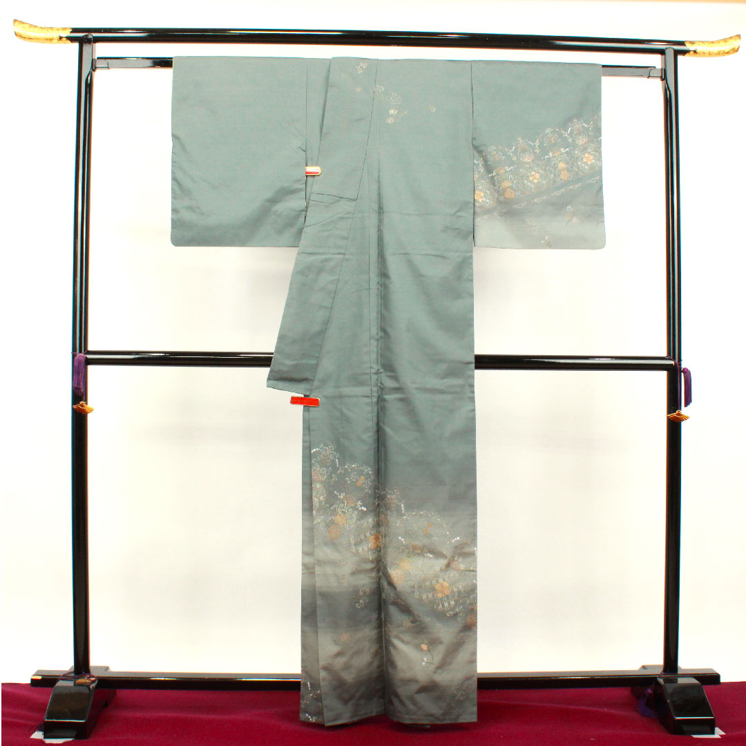 訪問着 正絹 袷 身丈162cm 裄丈65cm 灰青色 蘇州刺繡 紬地 抽象模様 Aランク グレー系 1112002813422
