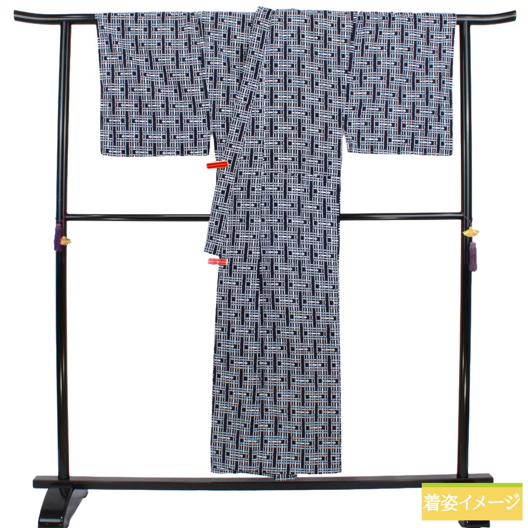 メンズ浴衣 木綿 Sランク 身丈152cm 裄丈72.5cm 濃紺色(のうこんいろ) 幾何学模様 居敷当て付き 単衣 紺系 1138000842518