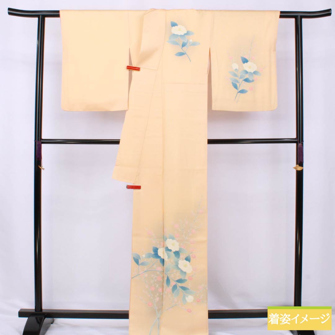 訪問着 正絹 Aランク 袷 身丈166.5cm 裄丈62.5cm 薄柿色(うすがきいろ) 京友禅 椿 橙系 1112006363526