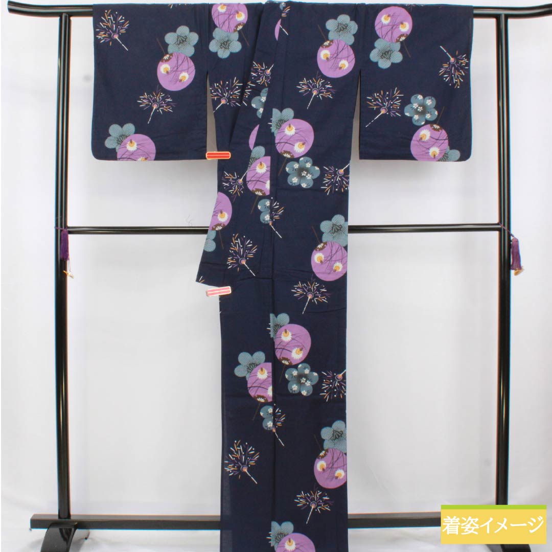 浴衣 木綿 身丈165cm 裄丈65.5cm Sランク 単衣 紺系 濃紺色(のうこんいろ) うちわ 花火 1118006652518