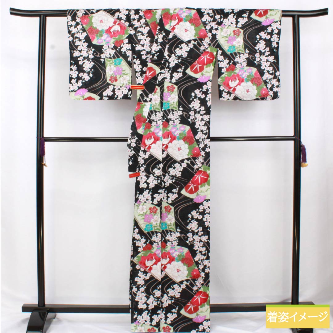 浴衣 木綿 身丈167cm 裄丈64cm Sランク 単衣 黒系 竪絽(たてろ) 総花 扇面 1118006262510