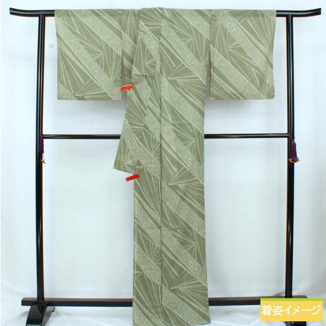 夏物 ポリエステル 小紋 身丈167cm 裄丈69.5cm 岩井茶色(いわいちゃいろ) 抽象模様 紗 Sランク 緑系 1132002392519