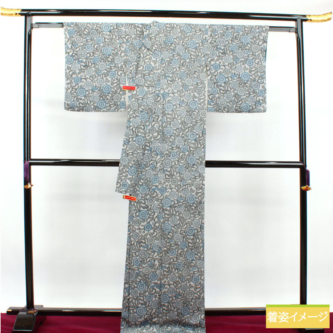 小紋 正絹 身丈172cm 裄丈64cm 袷 白銅色 京紅型 菊 Sランク グレー系 1115003572622