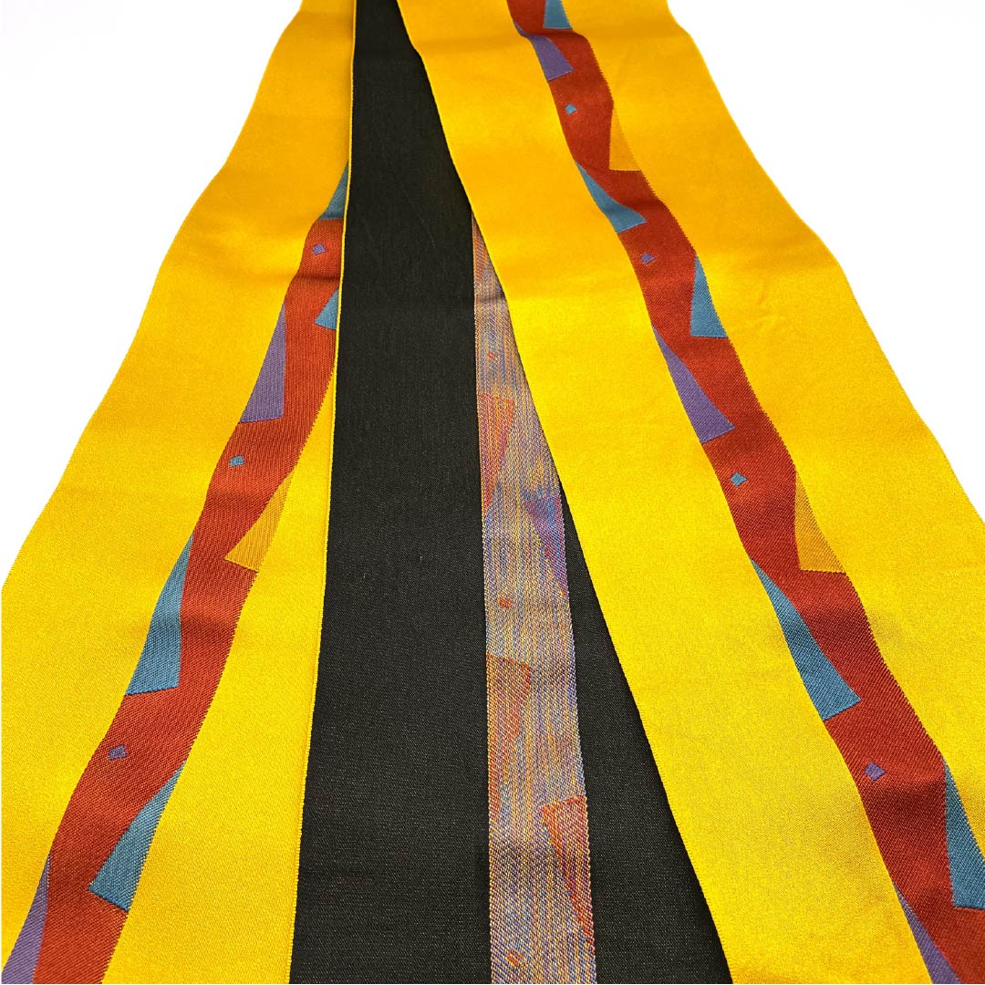 半幅帯 ポリエステル 濃卵色(こいたまごいろ) 幾何学模様 帯丈350cm 黄系 Aランク 1125001703323