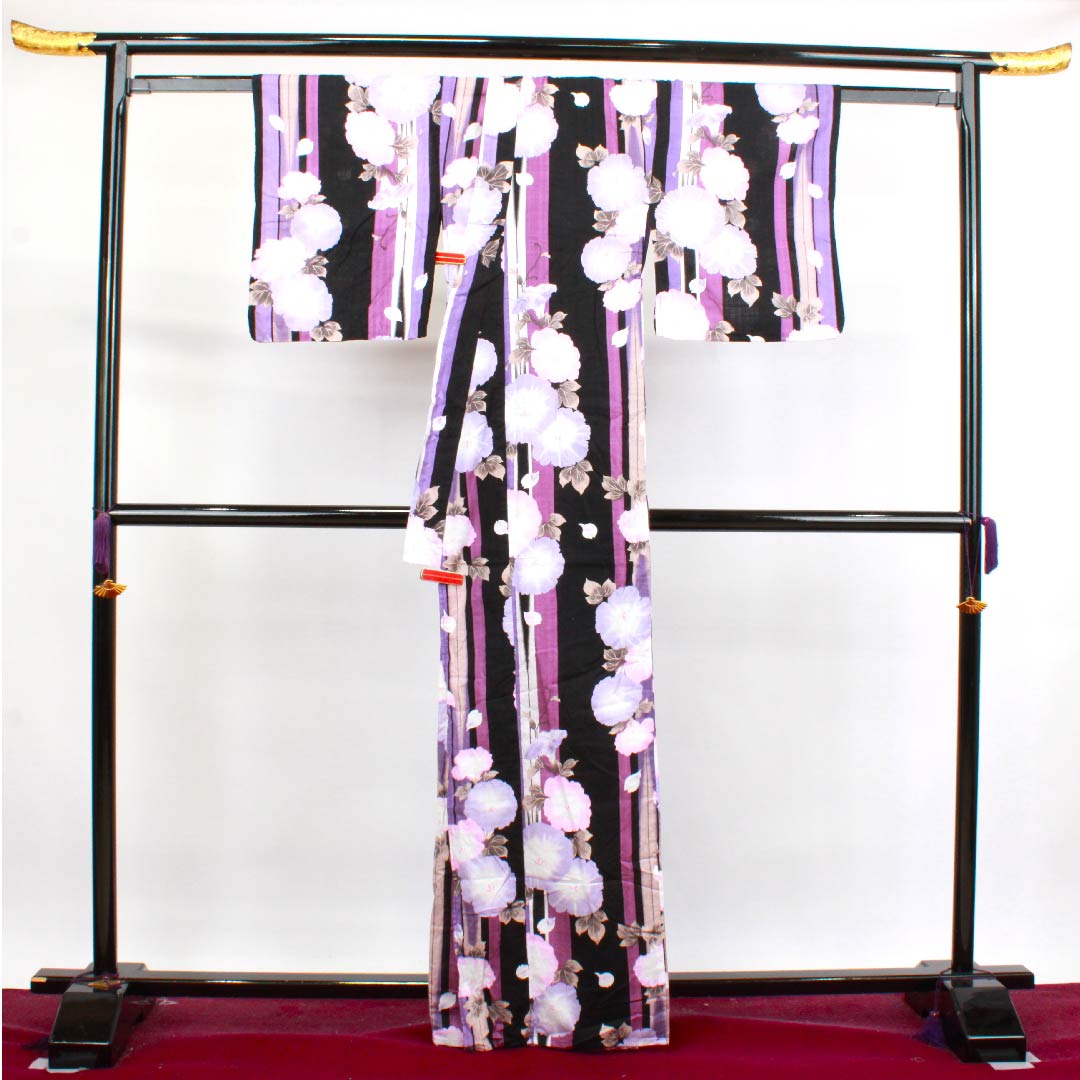 浴衣 黒色 朝顔 木綿 Sランク 単衣 身丈163.5cm 裄丈62.5cm 黒系 1118004092410