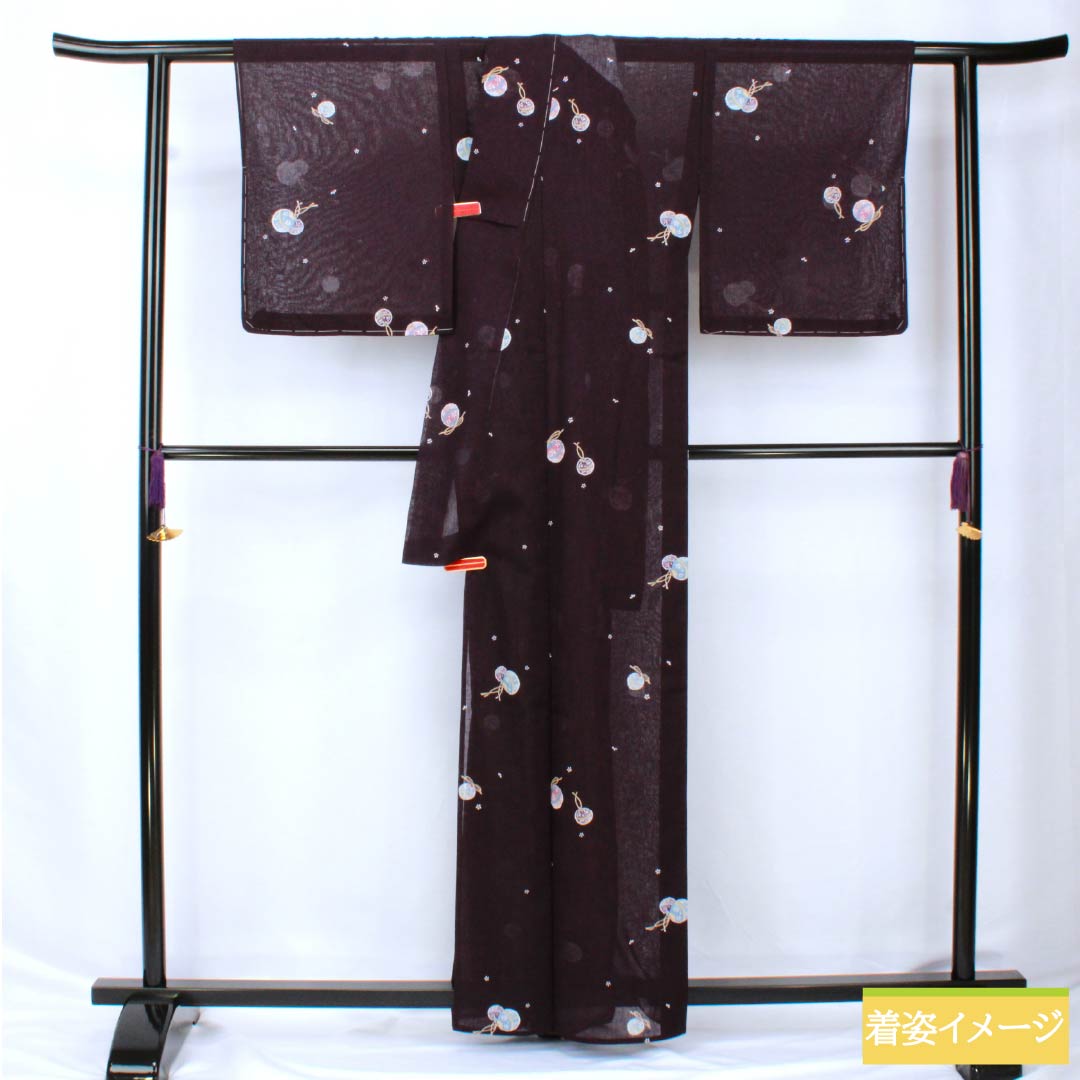 夏物 ポリエステル 小紋 身丈162cm 裄丈66cm 紫黒色(しこくしょく) 小花 鈴 洗える着物 紗 Sランク 紫系 1132002332420