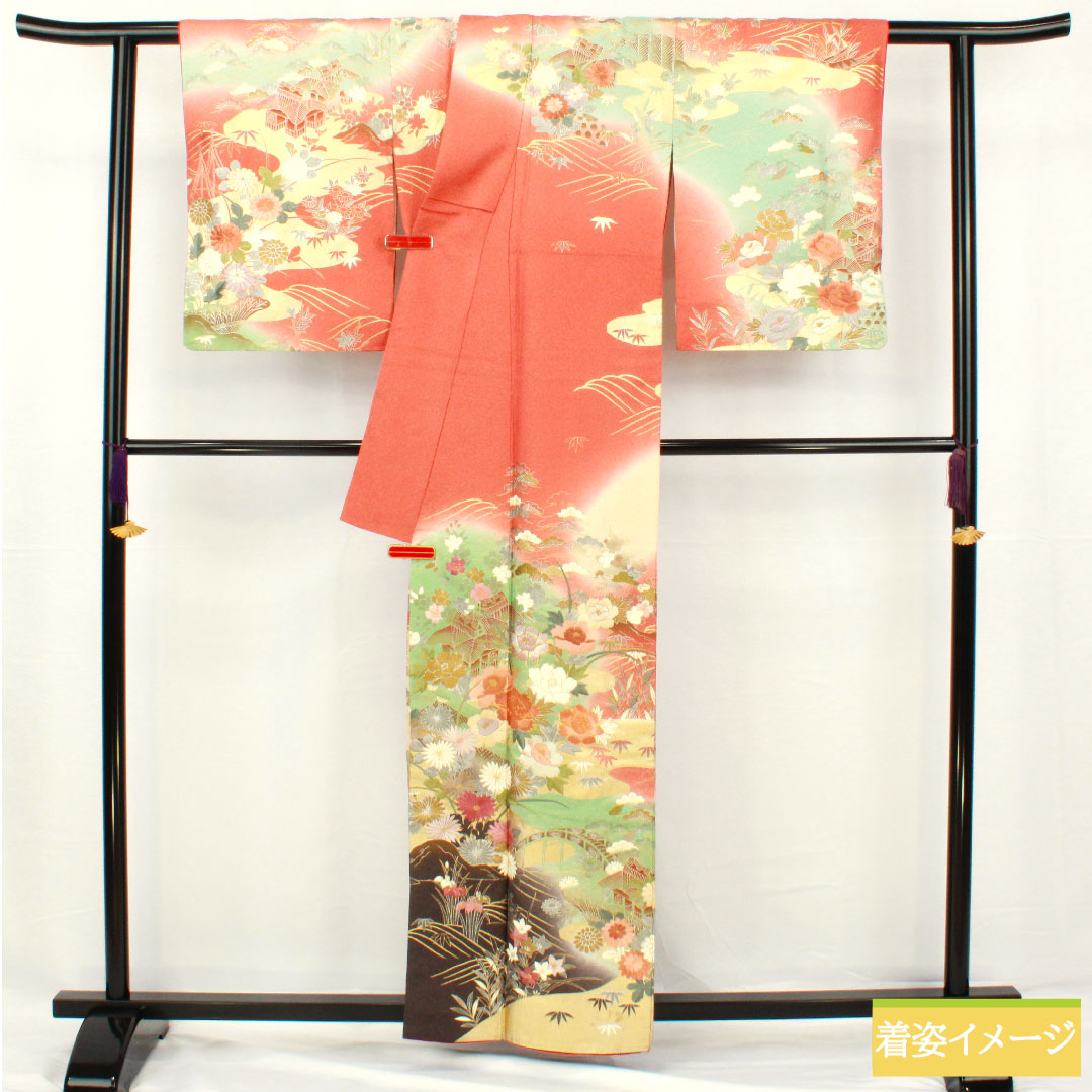 訪問着 正絹 袷 身丈160cm 裄丈63cm 珊瑚色(さんごいろ) 京友禅 刺繡 吉祥文様 Aランク ピンク系 1112005423413