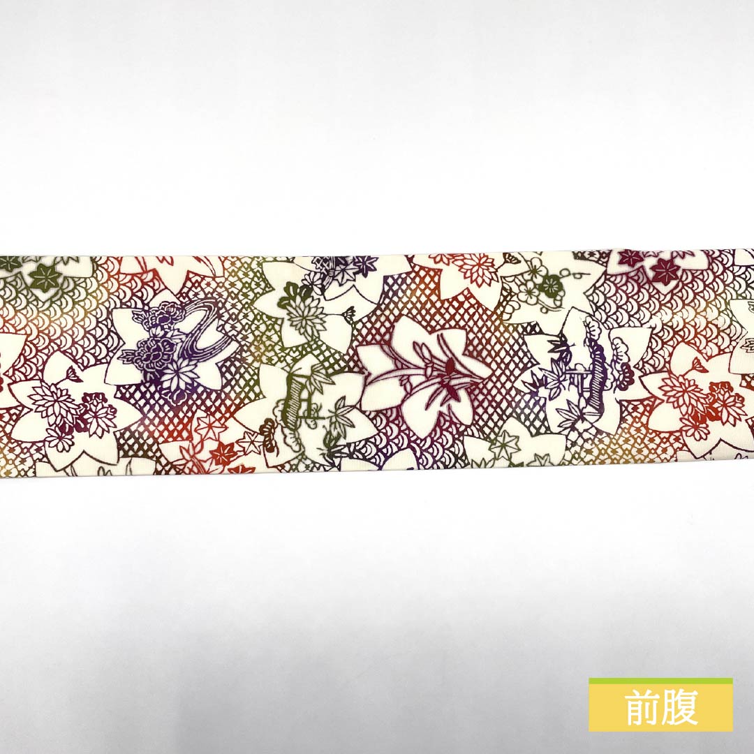 Nagoya obi, stencil-dyed, autumn leaves, chrysanthemums, obi length 377cm, pure silk, S rank, full-length, casual, white, 1124007762311, Nagoya-made