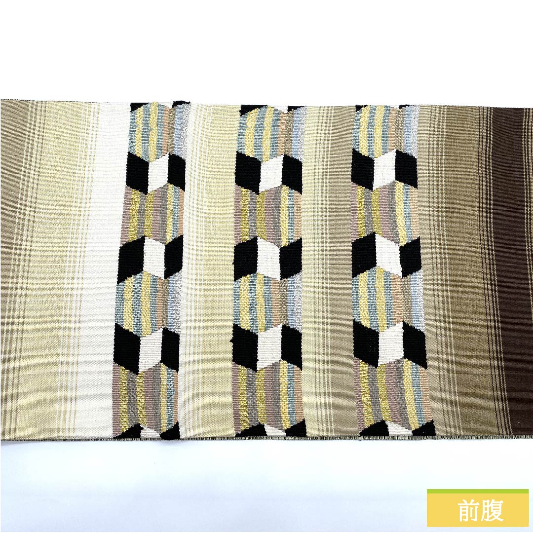 袋帯 鳥の子色(とりのこいろ) 幾何学模様 横段 帯丈470cm 正絹 Sランク ポイント柄 カジュアル グラデーション系 1123010602499