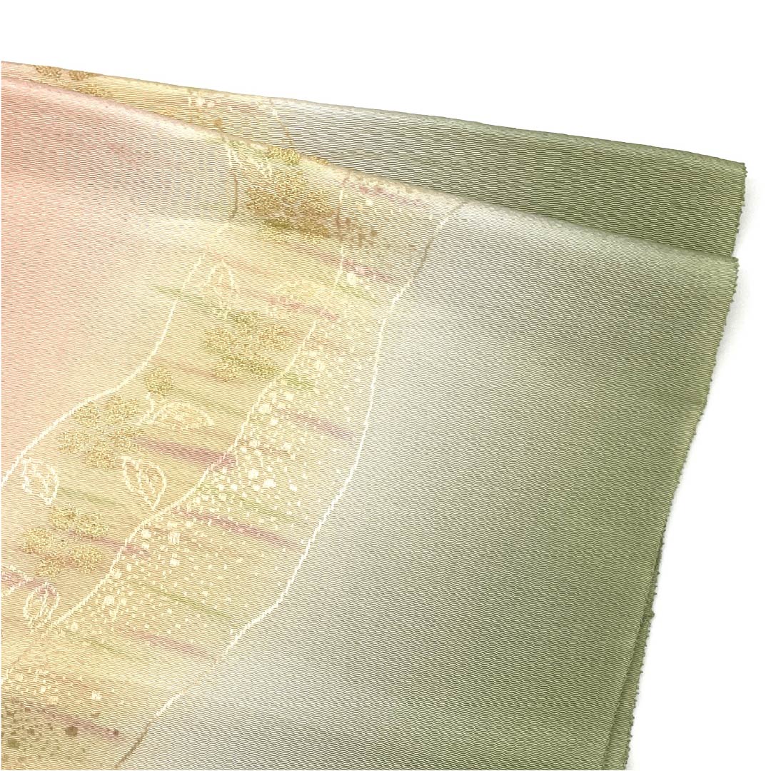 帯揚げ ちりめん セミフォーマル 東雲色(しののめいろ) 利休茶色(りきゅうちゃいろ) 桜 花柄 長さ約176cm 幅約31cm Sランク 緑系 1136000332919