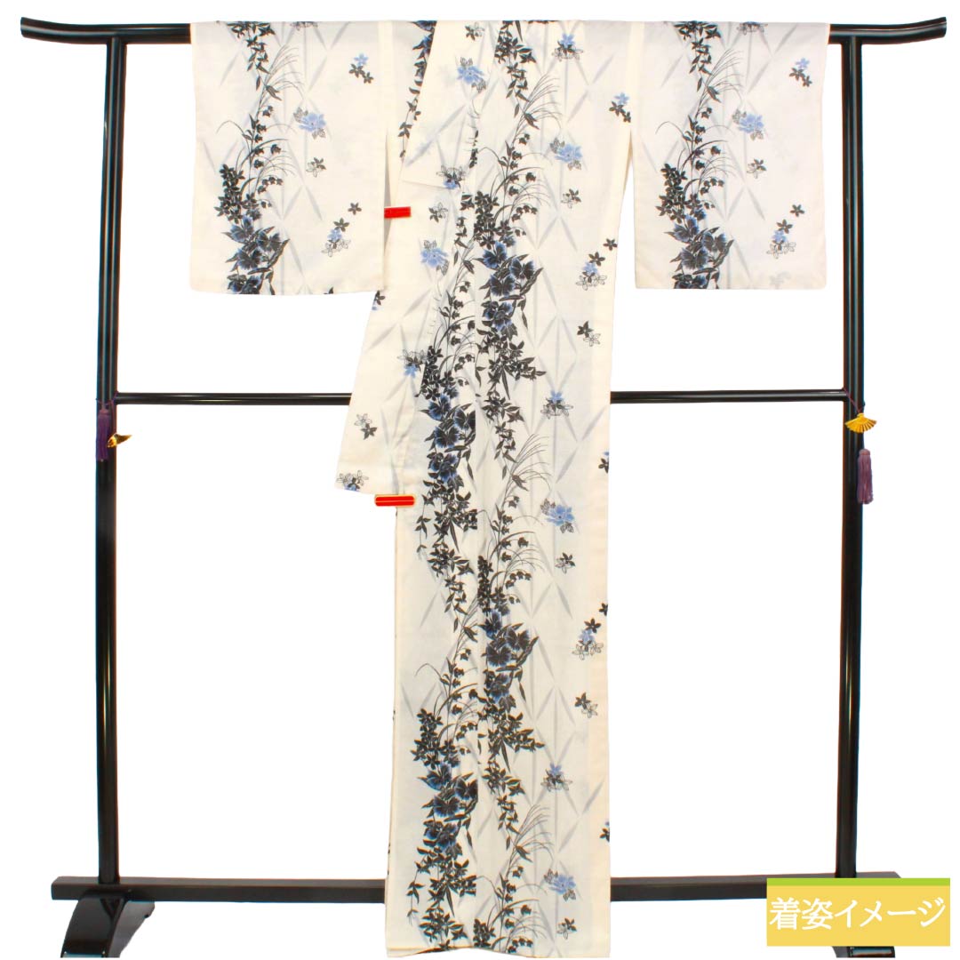 夏物 ポリエステル 小紋 Aランク 身丈166.5cm 裄丈67cm 乳白色(にゅうはくしょく) 洗える着物 草花模様 絽 クリーム系 1132005943515