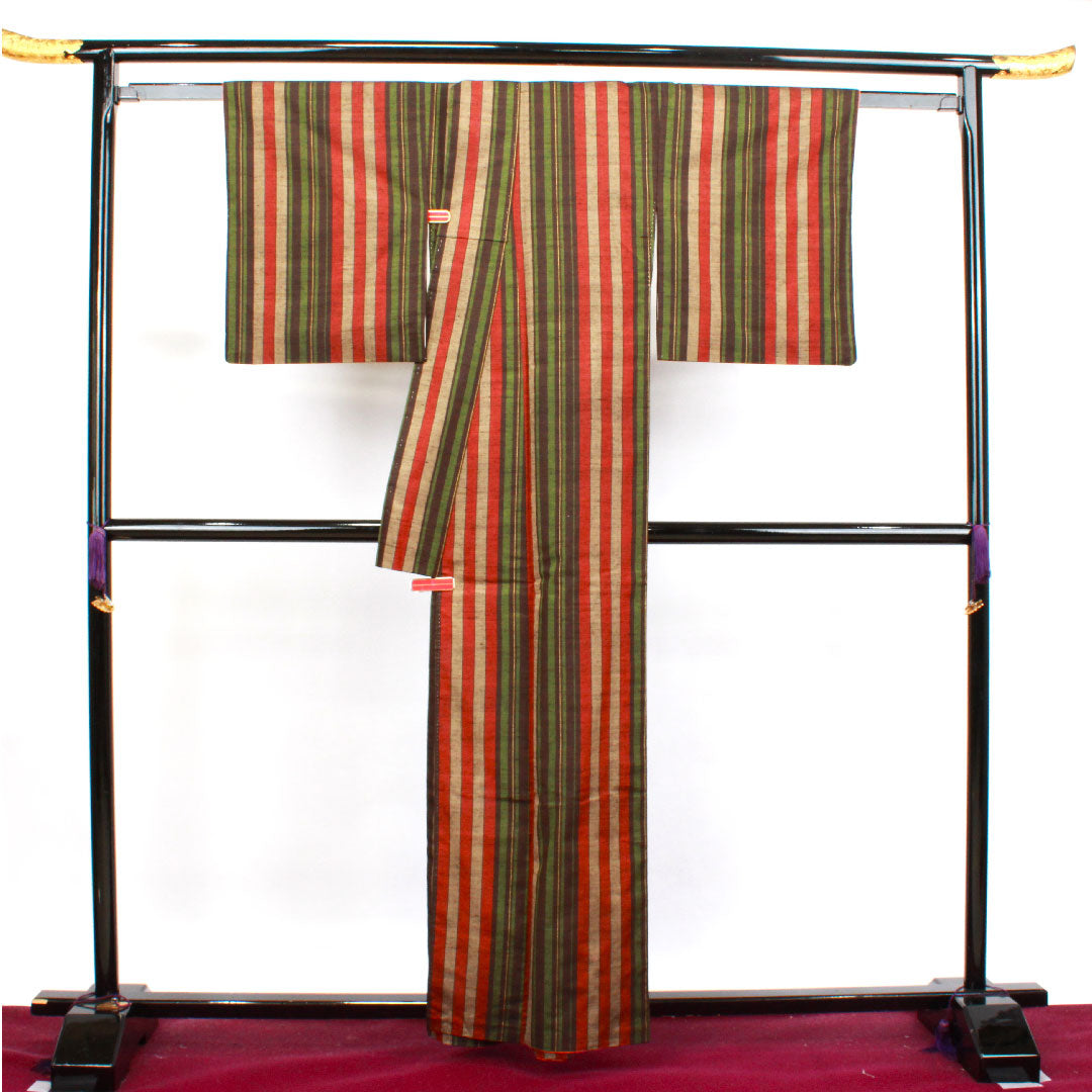 Tsumugi Length 160cm Sleeve length 66cm Striped Pure silk A rank Awase Gradient 1116002463499