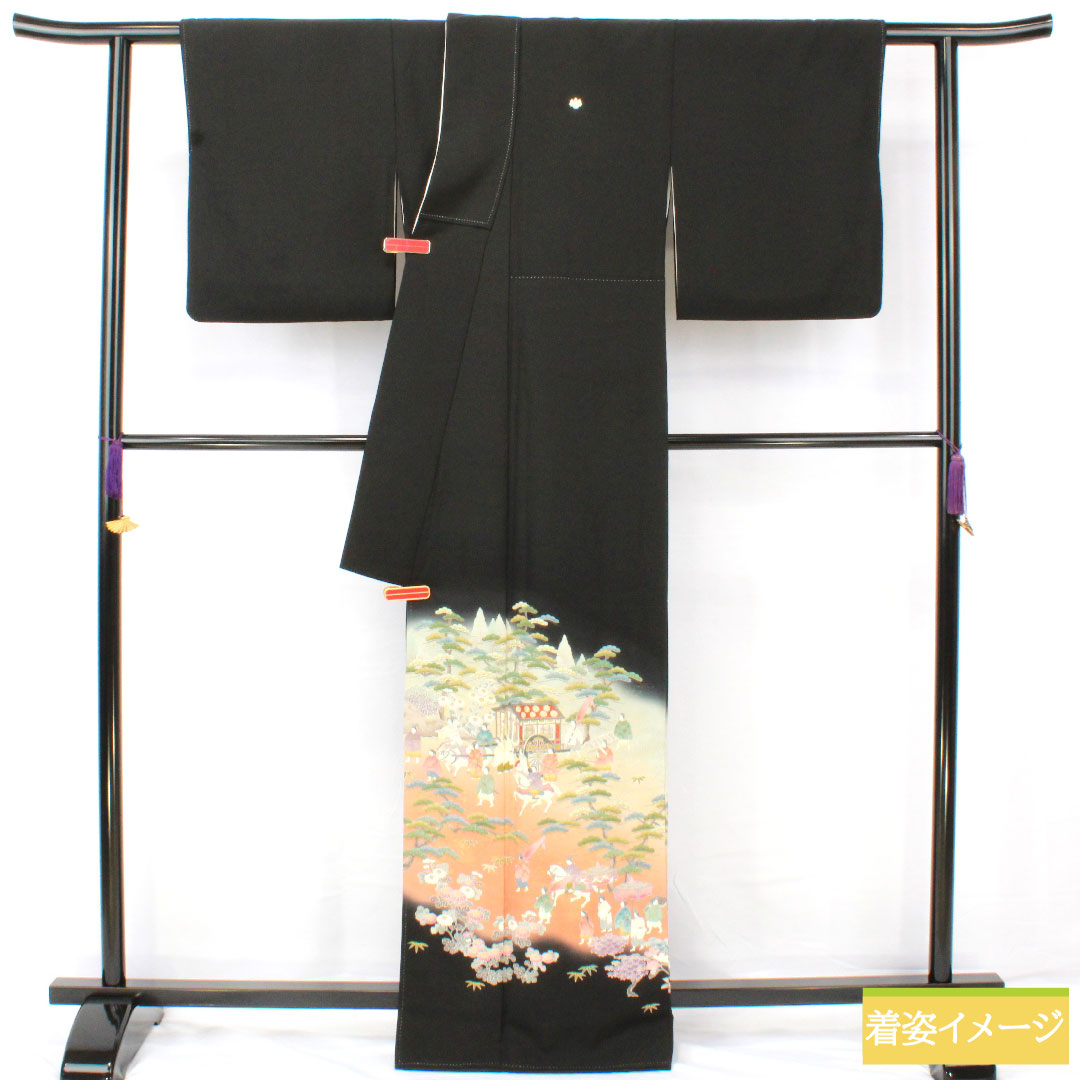 Black formal kimono, pure silk, length 165cm, sleeve length 66cm, lined, Kyoto yuzen, period figure and landscape pattern, artist's work, five crests, five-three paulownia, A rank, black, 1111001633510