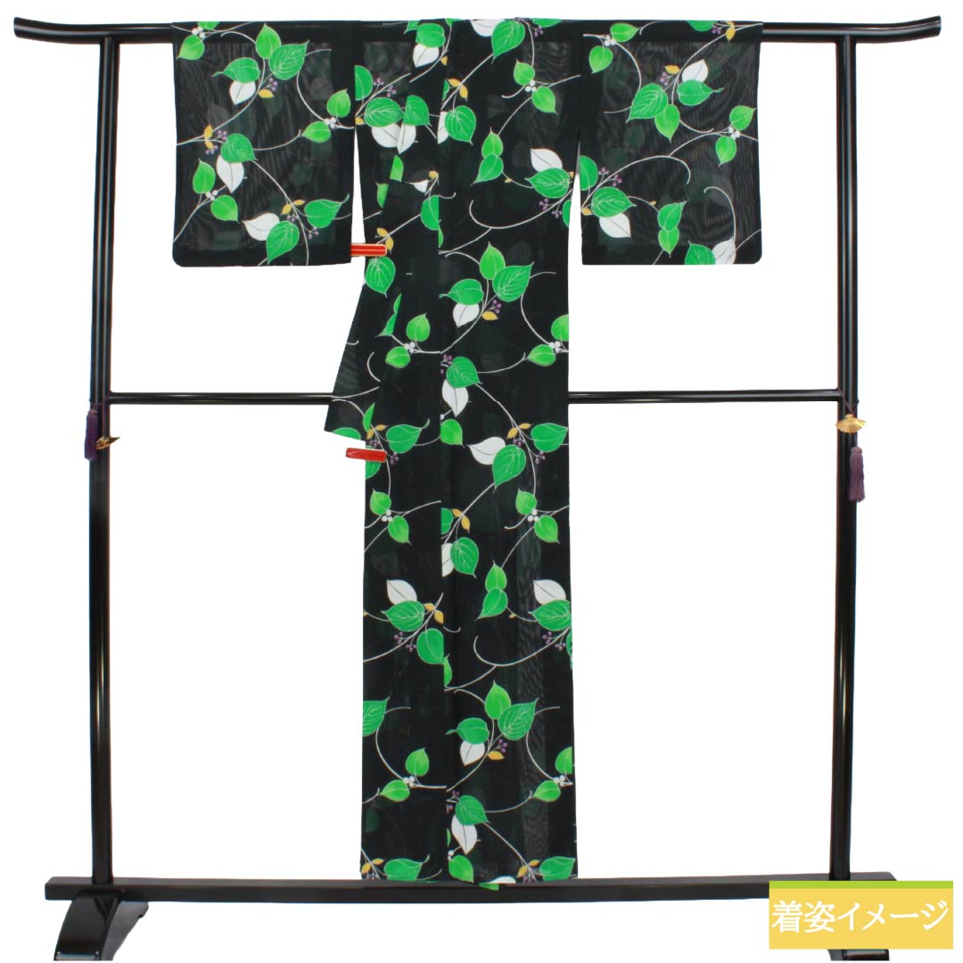 夏物 ポリエステル 小紋 Sランク 身丈152cm 裄丈64.5cm 洗える着物 草花模様 絽 黒系 1132006232210
