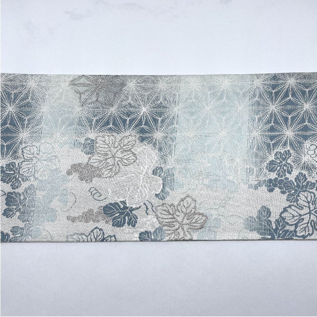 Fukuro Obi (Indigo Blue) with Asanoha and Grape Arabesque Patterns, Length 445cm, Pure Silk, Rank S, Pointed Pattern, Semi-Formal, Light Blue, 1123007852324