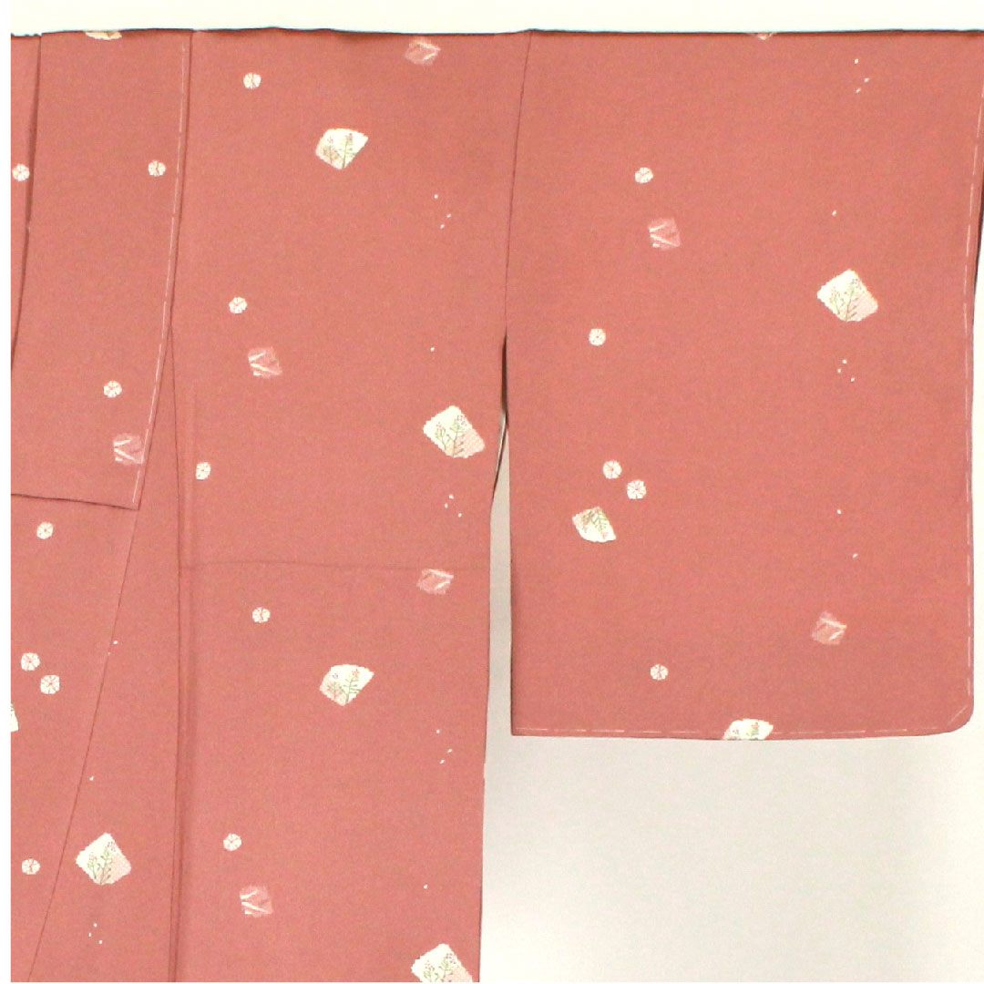 小紋 身丈167cm 裄丈69cm 袷 洗える着物 草花模様 ポリ Sランク ピンク系 1115001612513