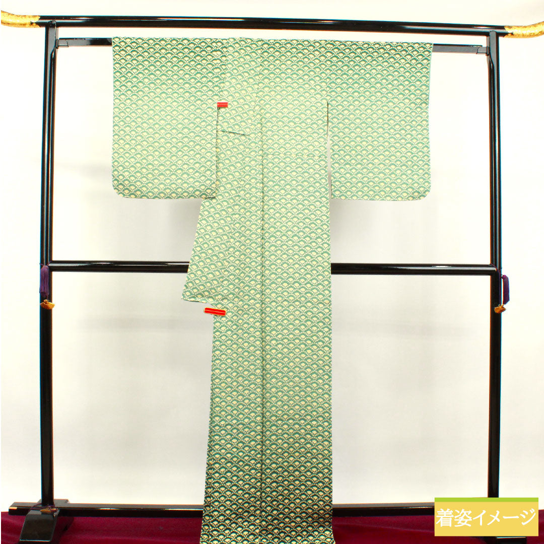 小紋 正絹 身丈167.5cm 裄丈65.5cm 袷 山藍摺色 Sランク 緑系 1115003672519