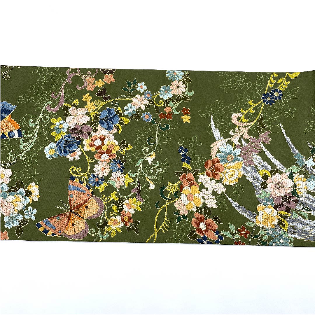 (未仕立)袋帯 松葉鼠色(まつばねずいろ) 白綾苑大庭 尾長鳥 蝶 花模様 帯丈431cm 正絹 Sランク 六通 セミフォーマル 緑系 1123008602319