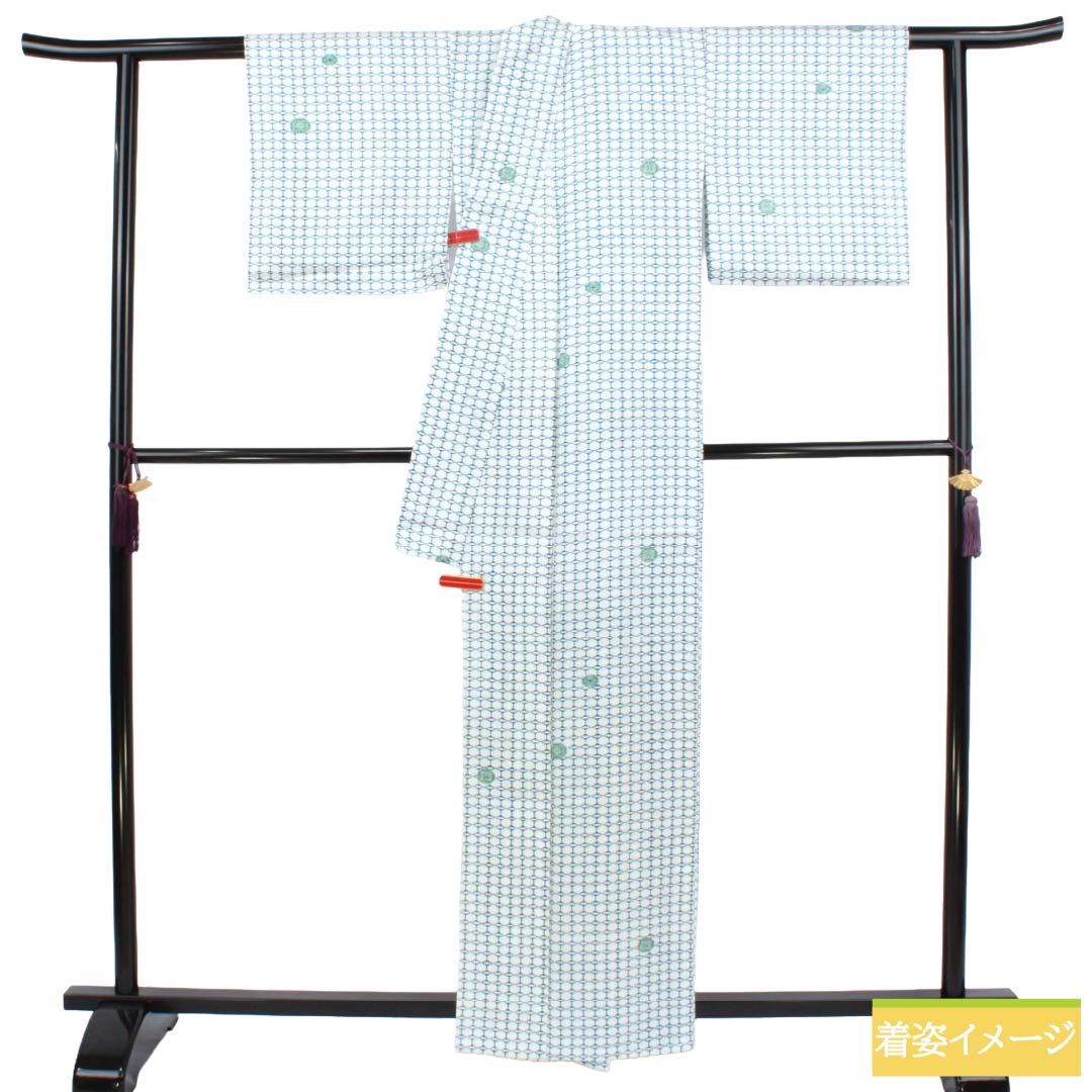 小紋 ポリエステル Aランク 身丈162.5cm 裄丈68.5cm 単衣 洗える着物 幾何学模様 白系 1115008213411