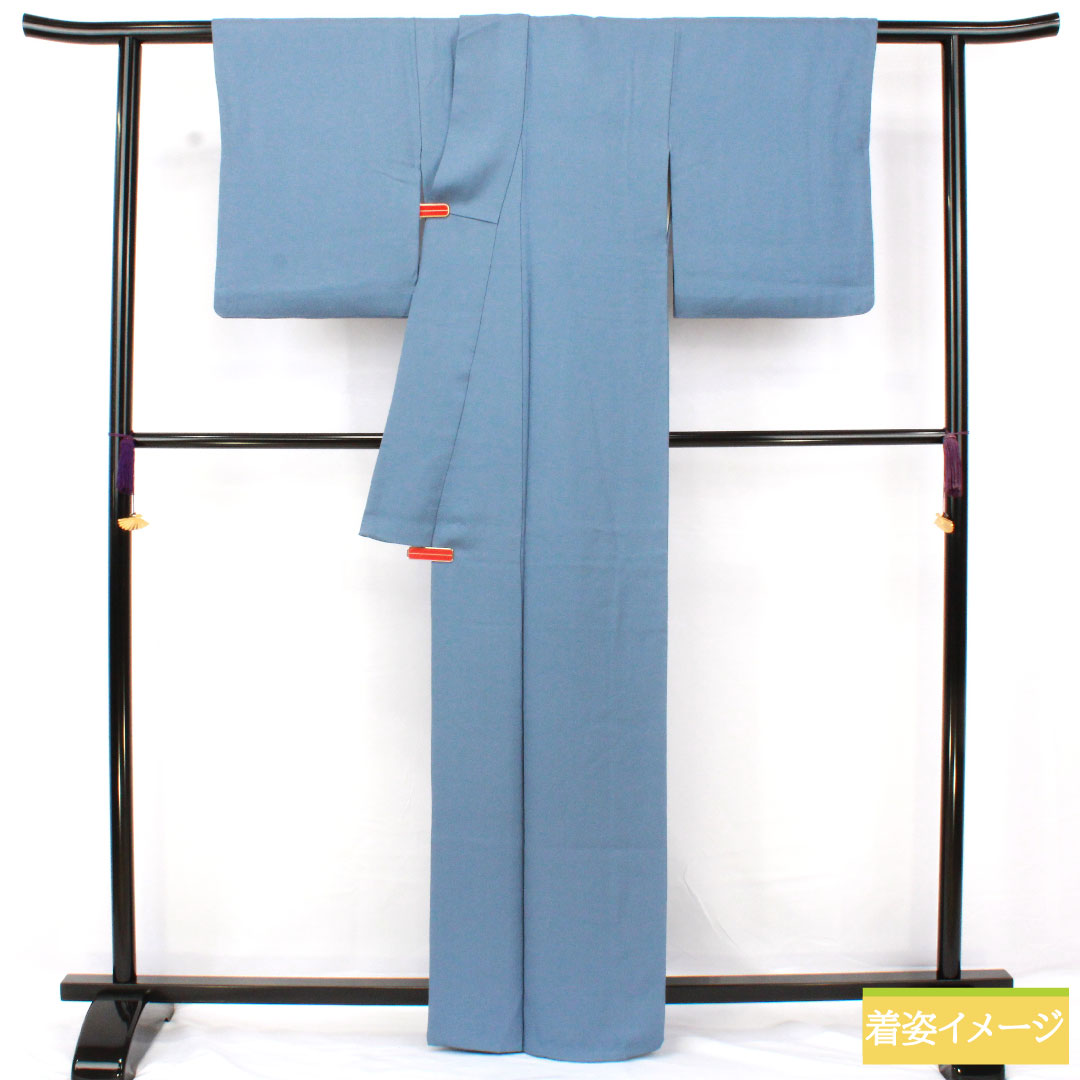 色無地 正絹 身丈163.5cm 裄丈63.5cm 露草色(つゆくさいろ) 一つ紋 五三桐 袷 Sランク 青系 1114001912417