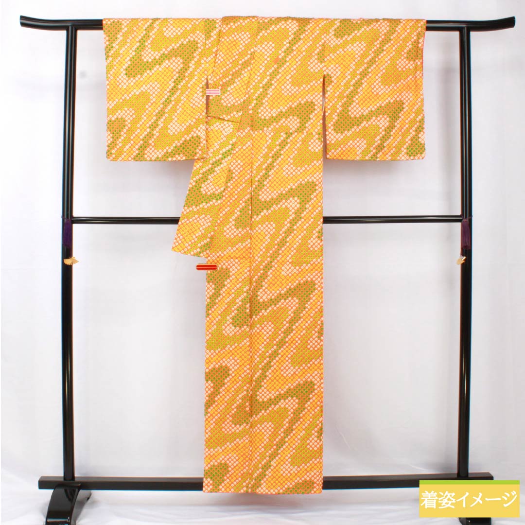 Komon, pure silk, length 159.5cm, sleeve length 65cm, lined, ochre, tie-dyed, flowing water, with basting thread, B rank, orange, 1115005454326