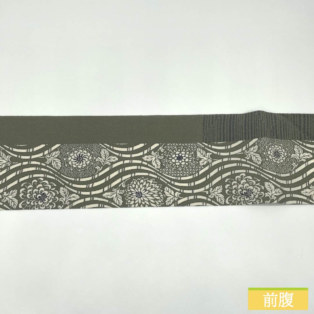 名古屋帯 正絹 Aランク 浮草鼠色(うきくさねずいろ) 型染 立涌 菊 帯丈368cm 全通 カジュアル 緑系 1124009683319 名古屋仕立て
