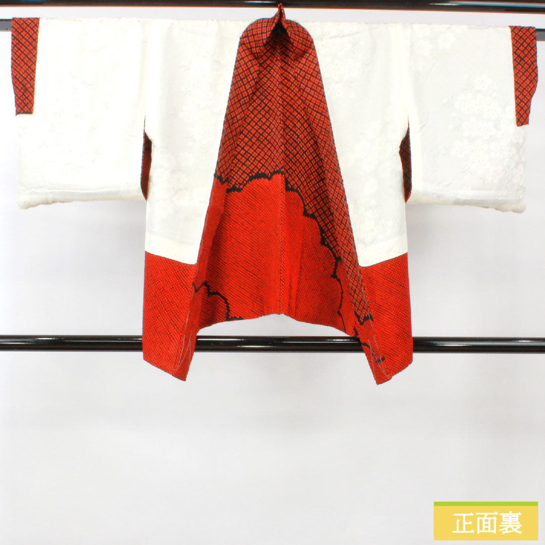 羽織 正絹 身丈75cm 裄丈65cm 緋色(ひいろ) 総絞り 抽象模様 しつけ糸付き Sランク 袷 朱系 1117001052916