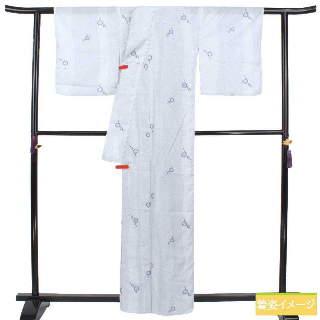 夏物 ポリエステル 小紋 Sランク 身丈161.5cm 裄丈67cm 白銅色(はくどういろ) 小花 洗える着物 絽 グレー系 1132005222422