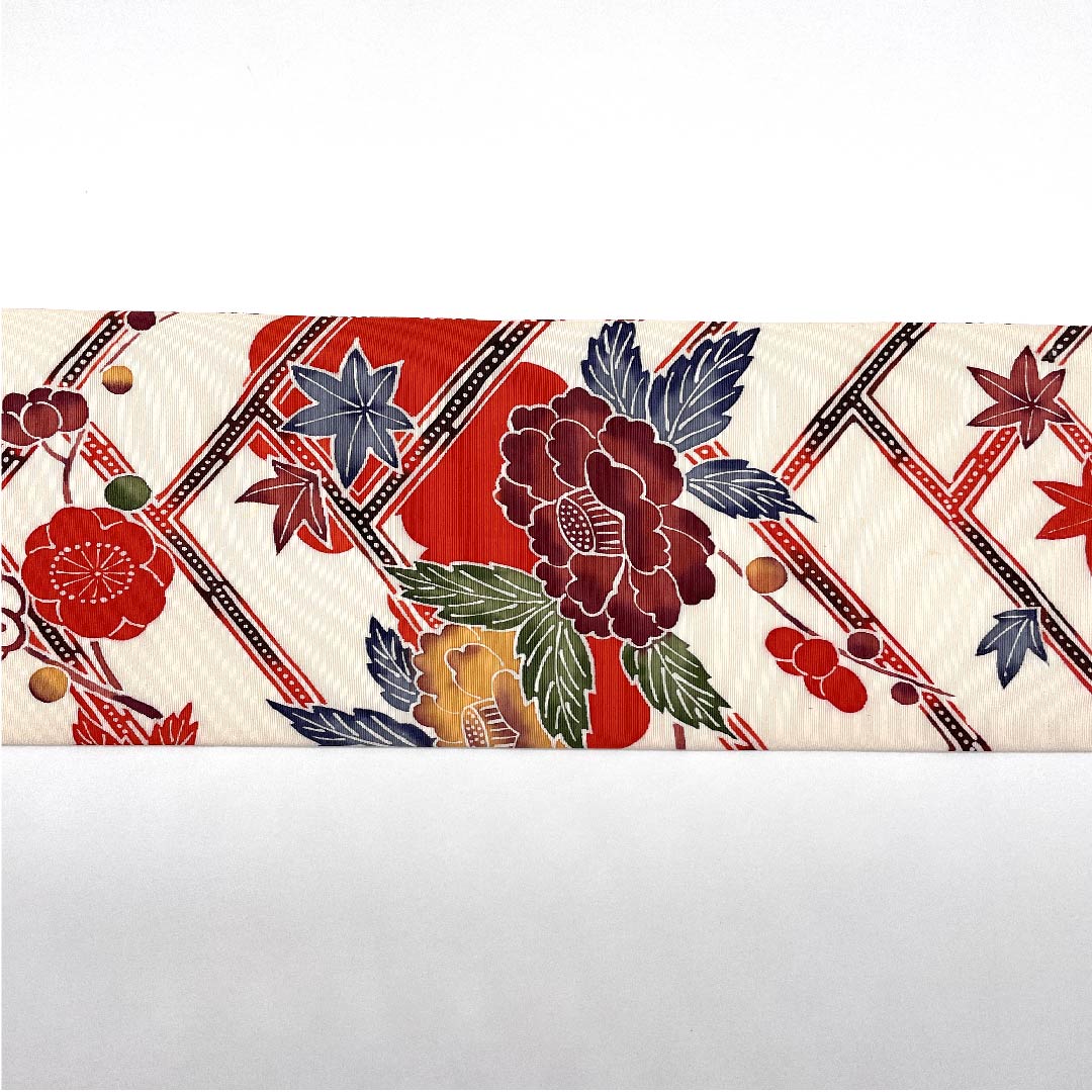 名古屋帯 白色 京紅型 牡丹 梅 竹 帯丈364.5cm 正絹 Aランク ポイント柄 カジュアル 白系 1124004803311 名古屋仕立て