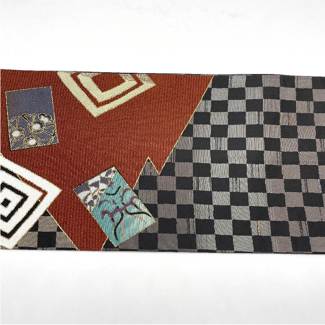 袋帯 職人七人衆 隈取 市松 河瀬満織物 帯丈452cm 正絹 Aランク 六通 カジュアル グラデーション系 1123006843499