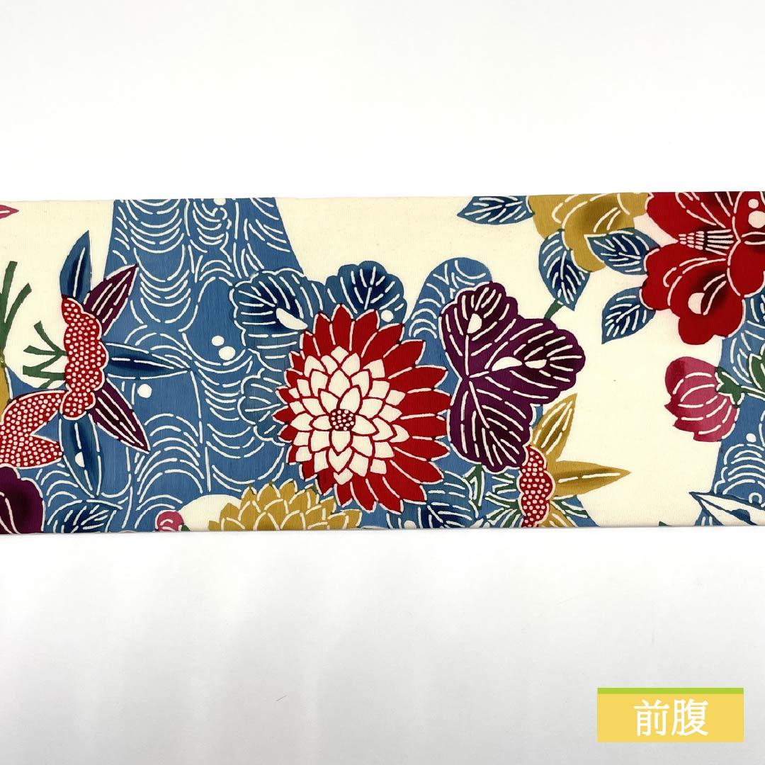 Nagoya obi, Kyoto Bingata, flowing water, camellia, autumn leaves, obi length 336cm, pure silk, B rank, full length, casual, white, 1124007344311, Nagoya style