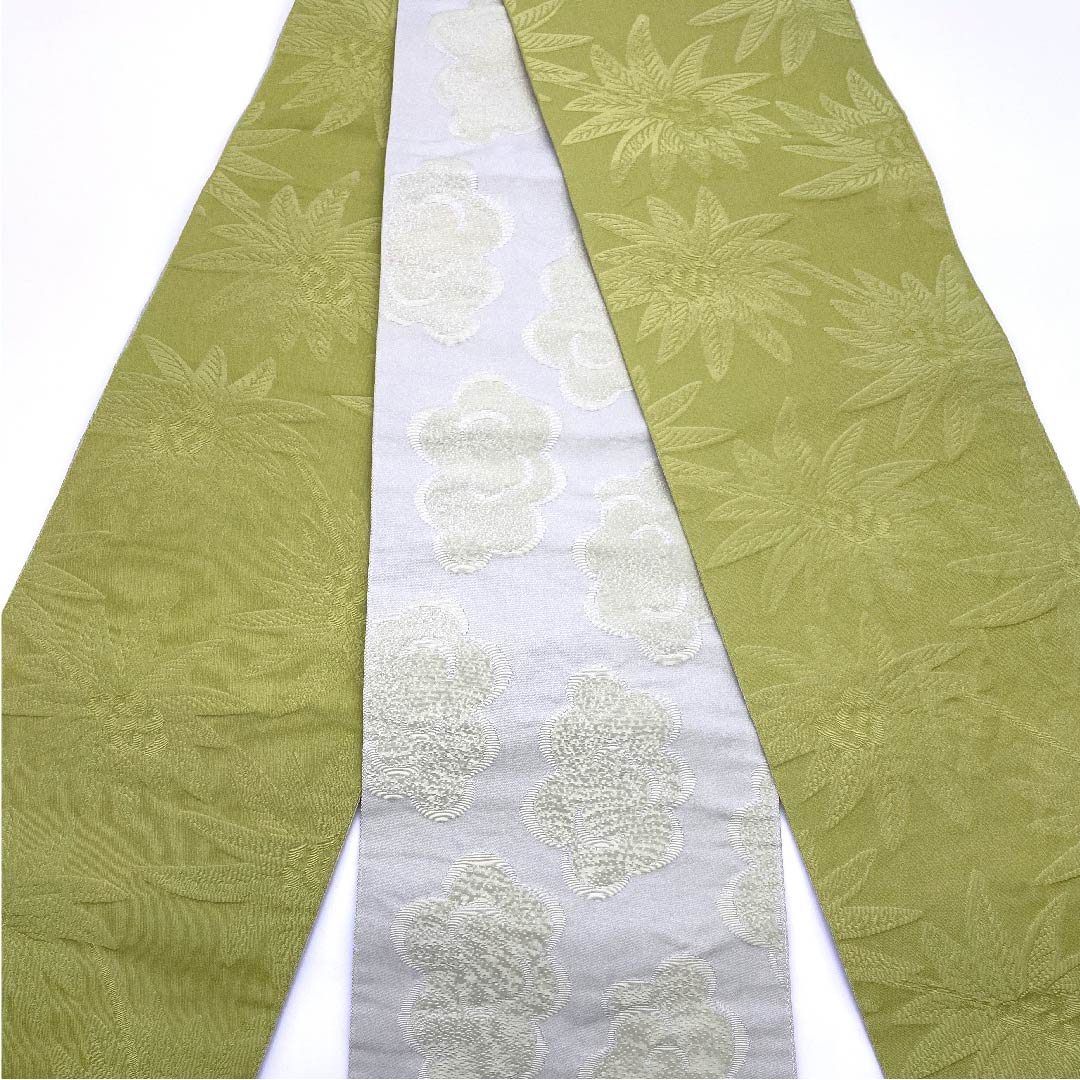 半幅帯 ポリエステル 帯丈380cm 青朽葉色(あおくちばいろ) 花柄 アダン 植物模様 雲 幾何学模様 緑系 Aランク 1125001303319
