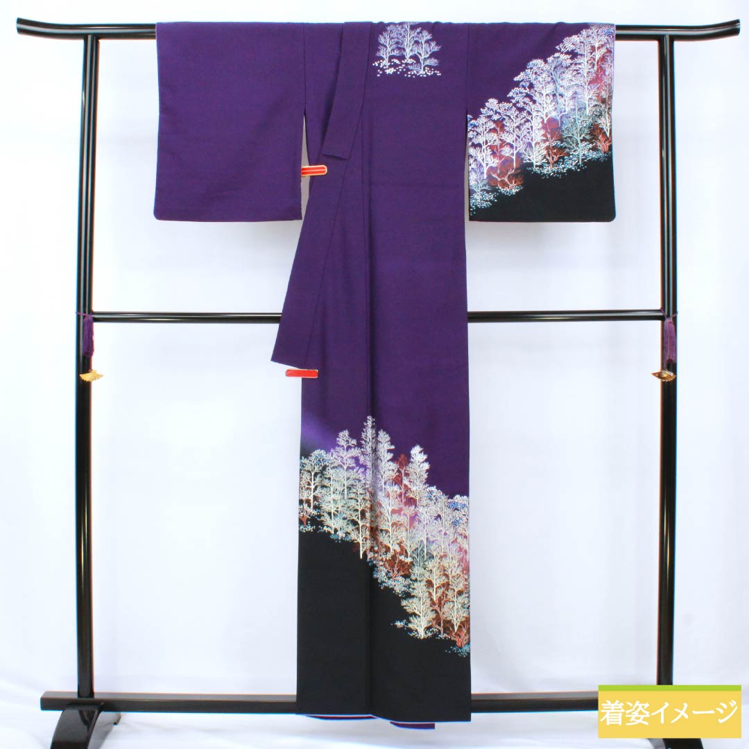 訪問着 ポリエステル Aランク 胴抜き 身丈157.5cm 裄丈65.5cm 菫色(すみれいろ) 金彩加工 風景模様 紫系 1112006393320