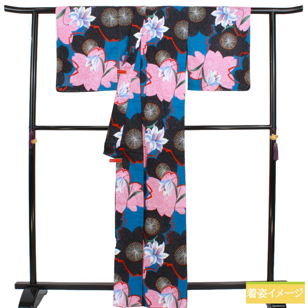 浴衣 木綿 Sランク 身丈165.5cm 裄丈68cm 青黛色(せいたいいろ) 百合 桜 型染 単衣 青系 1118006962517