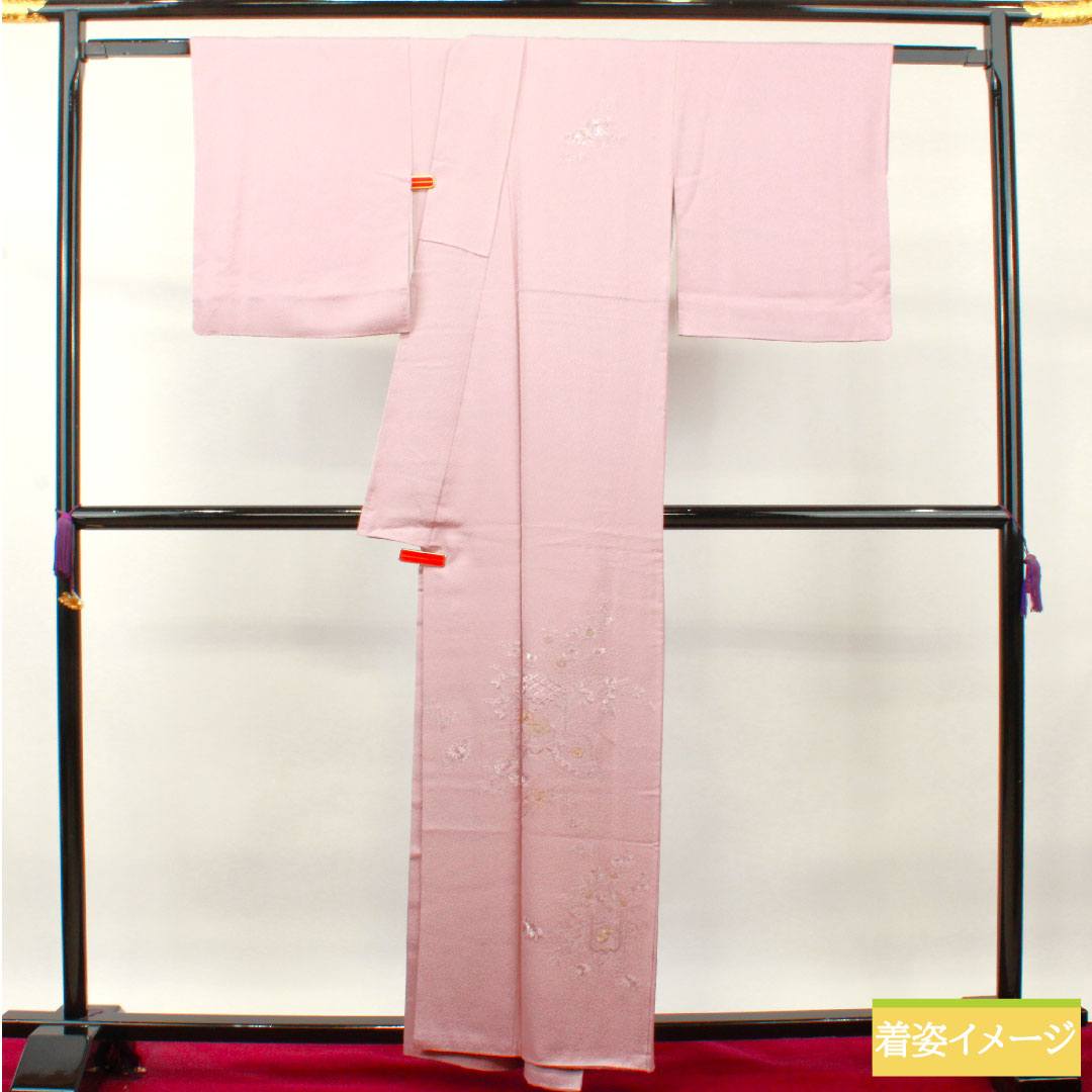 訪問着 正絹 袷 身丈161cm 裄丈66cm 葡萄色 刺繍 吉祥文様 Sランク 紫系 1112003532420