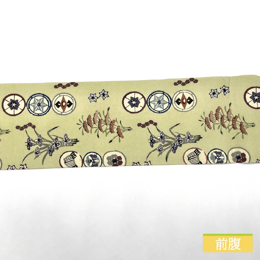 Nagoya obi, sulfur color, Kyoto Bingata, round crest, pine, obi length 341cm, pure silk, A rank, six-pass, casual, green, 1124007593319, Nagoya style