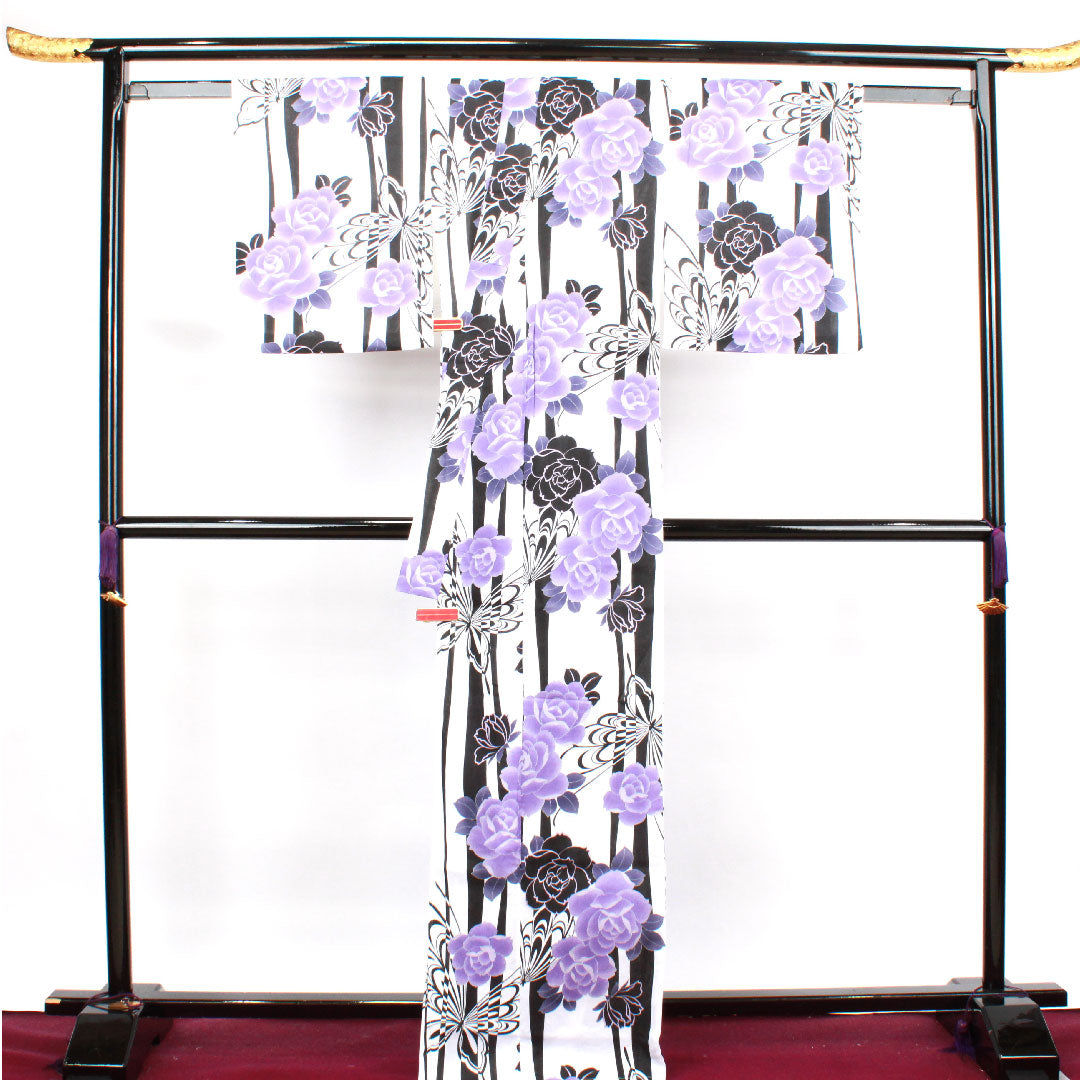浴衣 モノトーン 蝶 薔薇 木綿 Sランク 単衣 身丈167cm 裄丈63.5cm 白系 1118001312511