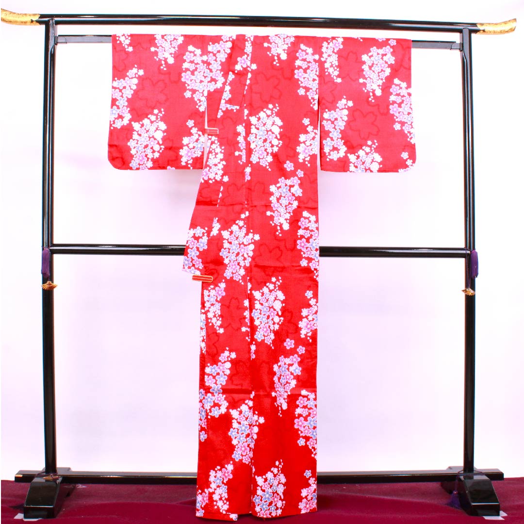 浴衣 土耳古赤色 梅 桜 木綿 Sランク 単衣 身丈165cm 裄丈65.5cm 赤系 1118004232512