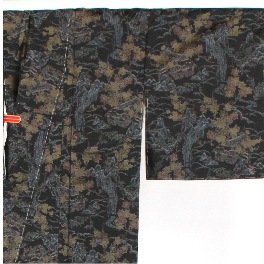 Oshima Tsumugi, Length 156cm, Sleeve length 64cm, Weft Kasuri, Landscape pattern, Pure silk, A rank, Lined, Black, 1116001573310